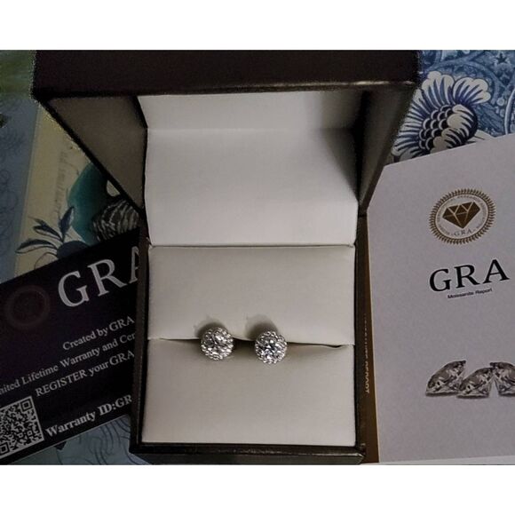 CERTIFIED 1 Carat Genuine Moissanite Round Cut Halo Design Stud Earrings~18KWGP - Picture 1 of 9